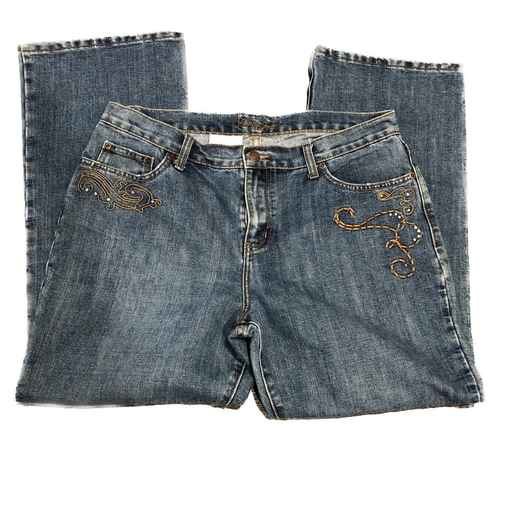 Zena Jeans Med Wash Embellished Brown Embroidery Rhinestones Womens Sz 14P